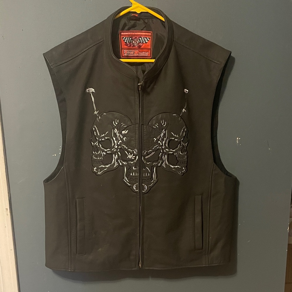 Black Leather Vest with Skull Embroidery